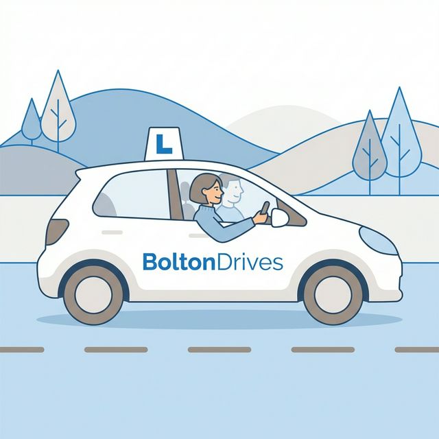 Illustration of a learner driver in a modern car on a calm, tree-lined road in Bolton